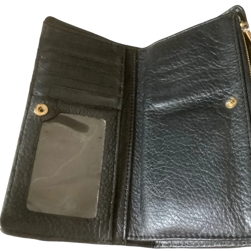 Michael Kors black pebbled leather checkbook wallet zipper pocket metal logo